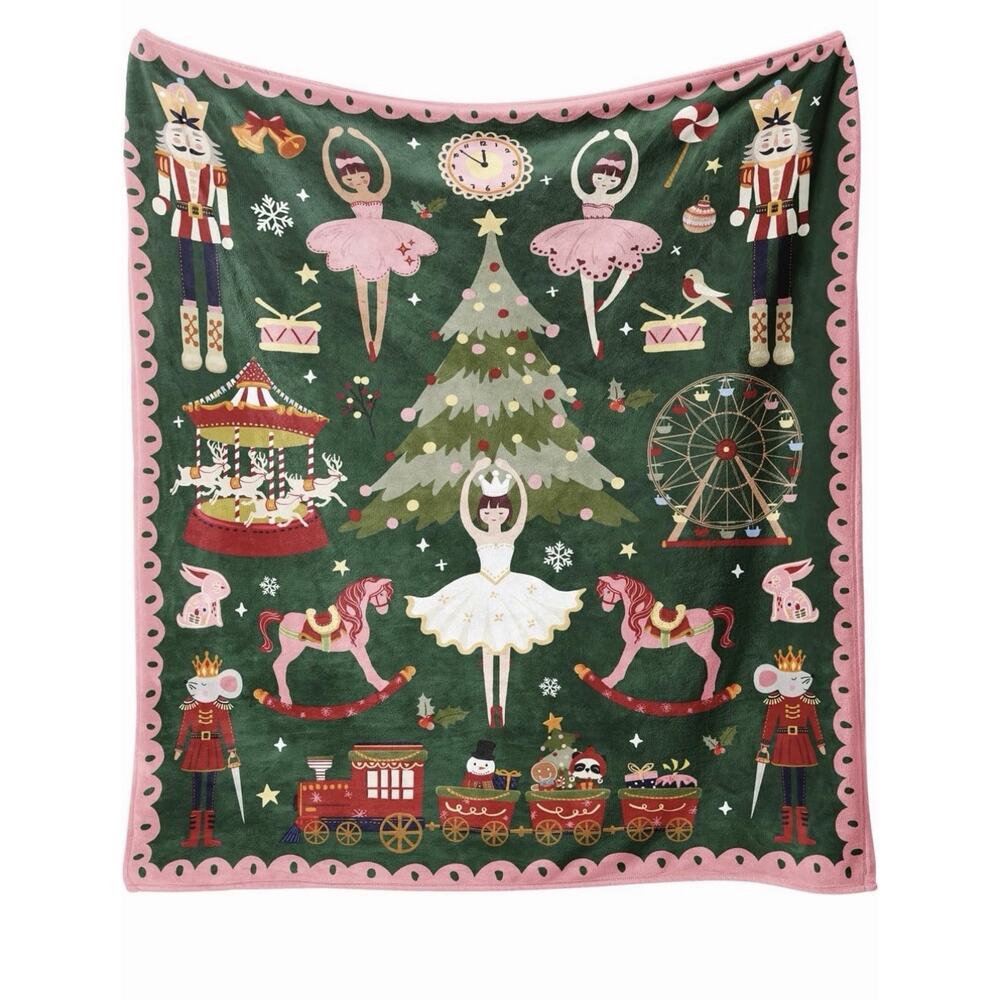 Nutcracker Christmas Throw Blanket- Ultra Soft, Green 50x60” New